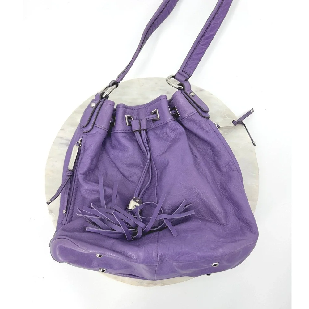 B. Makowsky Purple Leather Tassel Bucket Bag Shoulder Hobo Silver Hardware